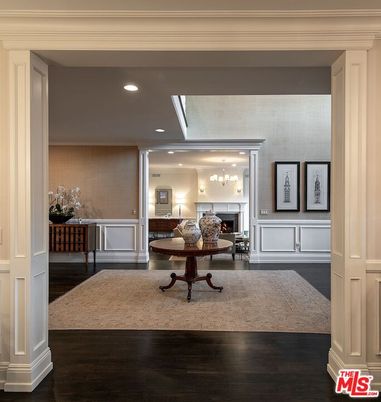 Chandelier, Home Office, Interior, Recessed Lighting, Wood Texture Flooring