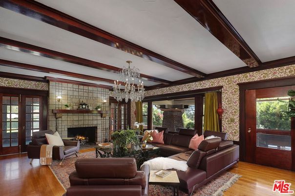 Chandelier, Fireplace, Interior, Living room, Wooden Beams, Wood Texture Flooring