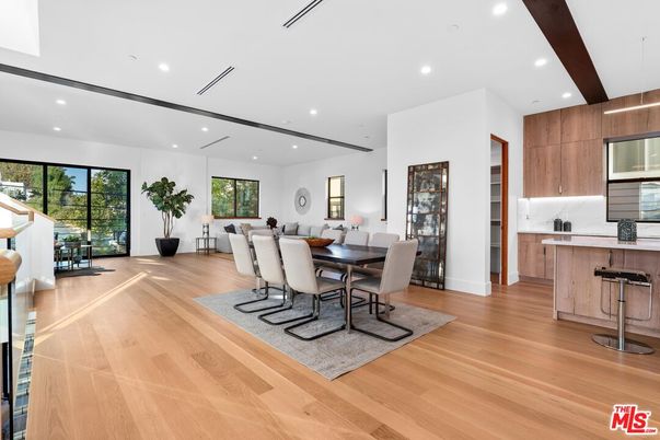 Dining room, Interior, Kitchen, Recessed Lighting, Wooden Beams, Wood Texture Flooring
