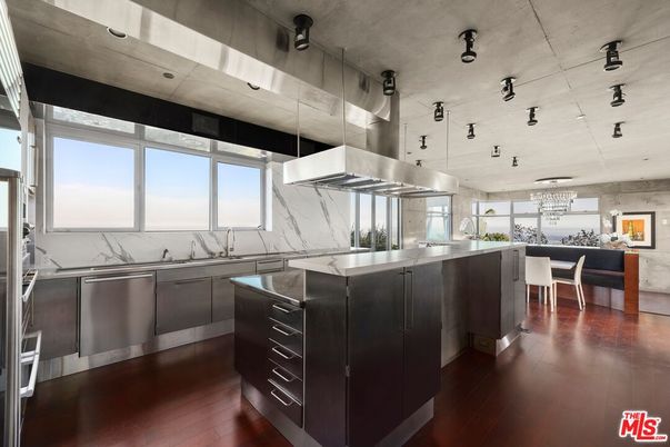 Dining room, Interior, Kitchen, Marble Walls, Pendant Lights, Stainless Steel Appliances, Wood Texture Flooring