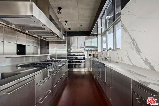 Interior, Kitchen, Marble Walls, Stainless Steel Appliances, Wood Texture Flooring