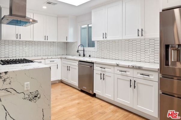 Interior, Kitchen, Recessed Lighting, Stainless Steel Appliances, Wood Texture Flooring