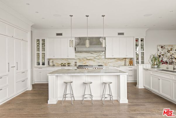 Interior, Kitchen, Marble Walls, Pendant Lights, Recessed Lighting, Wood Texture Flooring