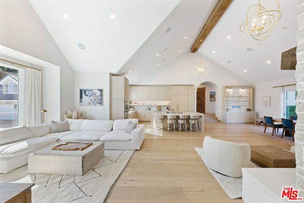 Chandelier, Dining room, Interior, Kitchen, Living room, Pendant Lights, Recessed Lighting, Wooden Beams, Wood Texture Flooring