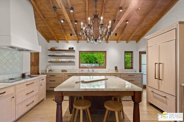 Chandelier, Interior, Kitchen, Recessed Lighting, Wooden Beams, Wooden Ceilings, Wood Texture Flooring