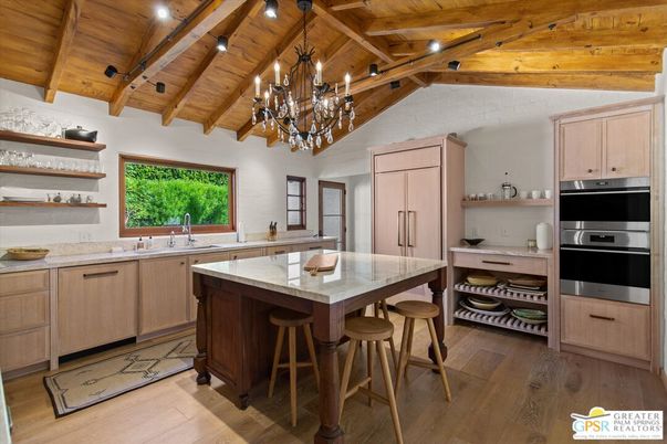 Chandelier, Interior, Kitchen, Recessed Lighting, Stainless Steel Appliances, Wooden Beams, Wooden Ceilings, Wood Texture Flooring
