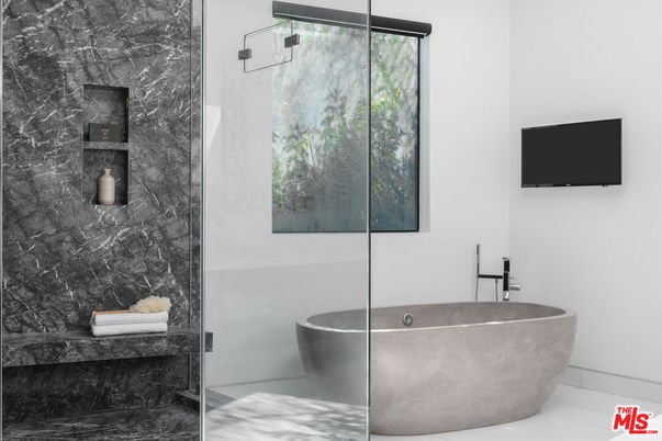 Bathroom, Free Standing Baths, Glass Shower, Interior, Marble Walls
