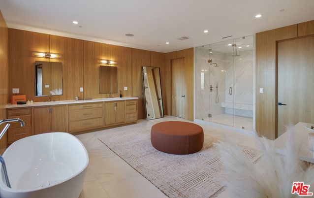 Bathroom, Dual Sink Vanities, Free Standing Baths, Glass Shower, Interior, Marble, Marble Walls, Recessed Lighting