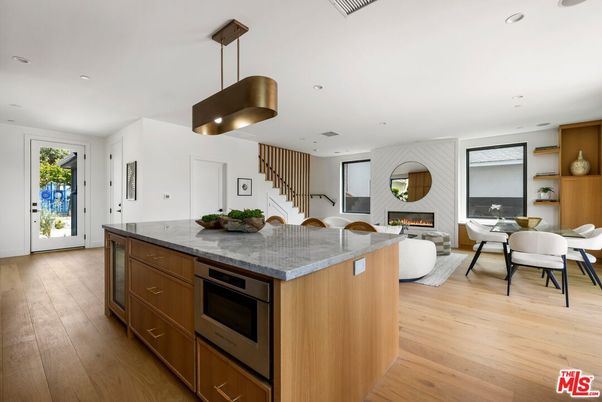 Dining room, Fireplace, Interior, Kitchen, Living room, Pendant Lights, Recessed Lighting, Wood Texture Flooring