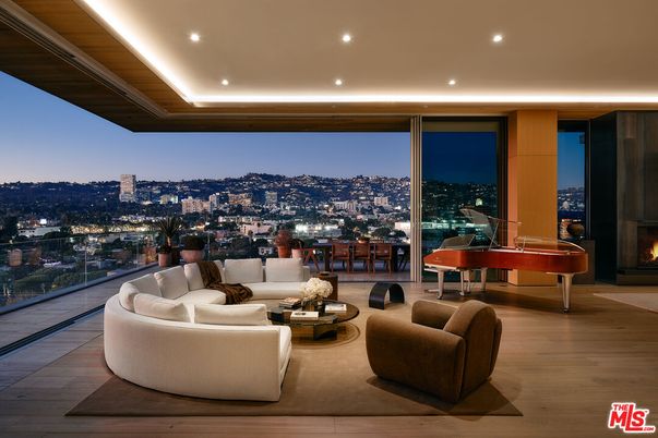 Fireplace, Interior, Living room, Piano, Recessed Lighting, Wood Texture Flooring