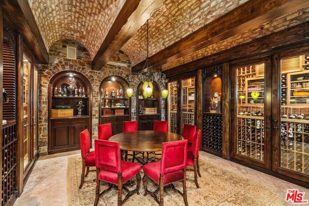 Dining room, Interior, Pendant Lights, Stone Walls, Wine Storage, Wooden Beams