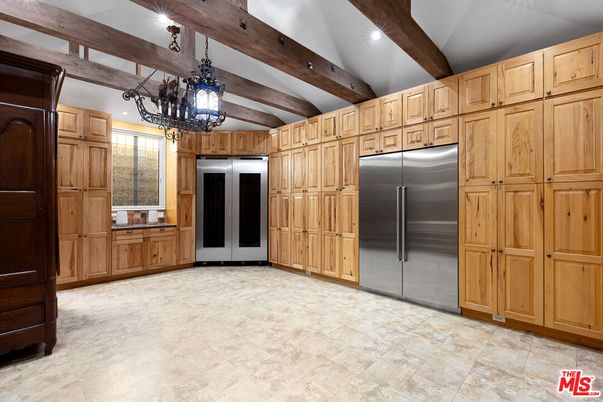 Chandelier, Interior, Kitchen, Recessed Lighting, Stainless Steel Appliances, Wooden Beams