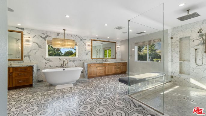 Bathroom, Chandelier, Dual Sink Vanities, Free Standing Baths, Glass Shower, Interior, Marble Walls, Recessed Lighting
