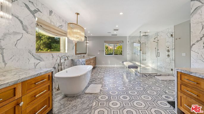Bathroom, Chandelier, Dual Sink Vanities, Free Standing Baths, Glass Shower, Interior, Marble, Marble Walls, Recessed Lighting