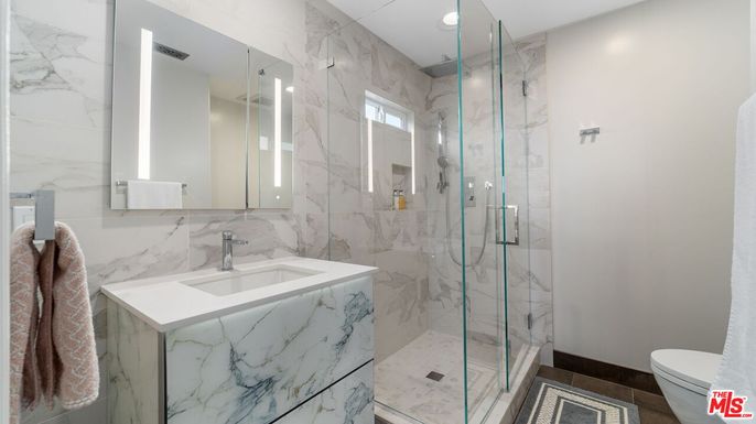 Bathroom, Glass Shower, Interior, Marble Walls, Recessed Lighting
