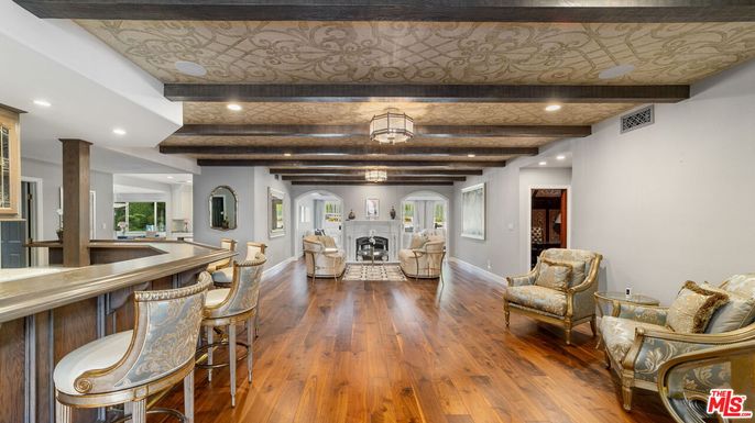 Fireplace, Interior, Living room, Recessed Lighting, Wooden Beams, Wood Texture Flooring