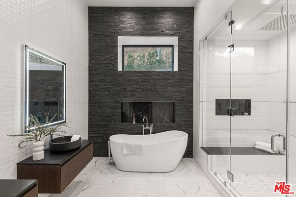 Bathroom, Free Standing Baths, Glass Shower, Interior, Marble, Stone Walls