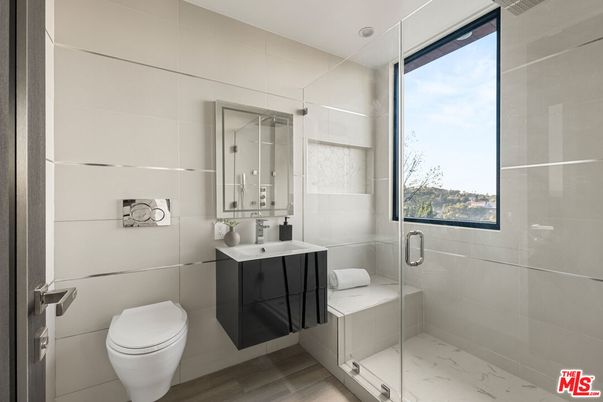 Bathroom, Glass Shower, Interior, Marble, Wood Texture Flooring