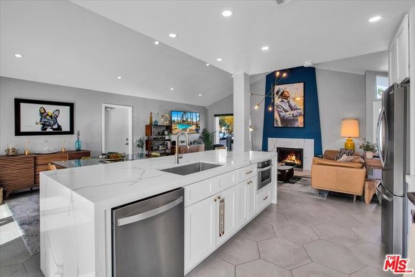 Fireplace, Interior, Kitchen, Living room, Recessed Lighting, Stainless Steel Appliances