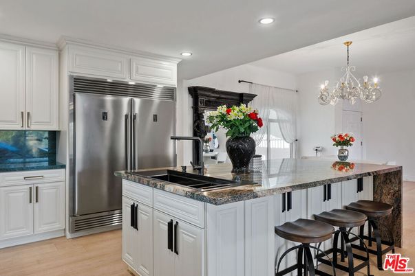 Chandelier, Interior, Kitchen, Recessed Lighting, Stainless Steel Appliances, Wood Texture Flooring