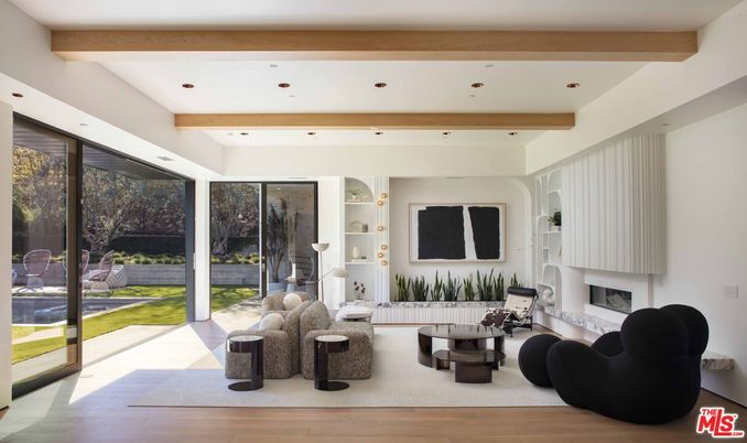Fireplace, Interior, Living room, Recessed Lighting, Wooden Beams, Wood Texture Flooring