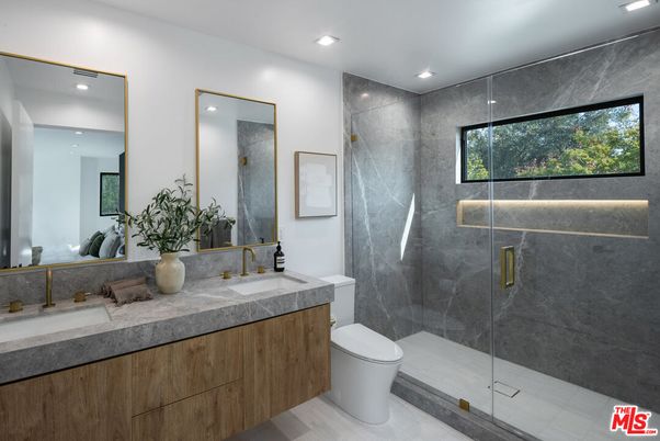 Bathroom, Dual Sink Vanities, Glass Shower, Interior, Marble Walls, Recessed Lighting