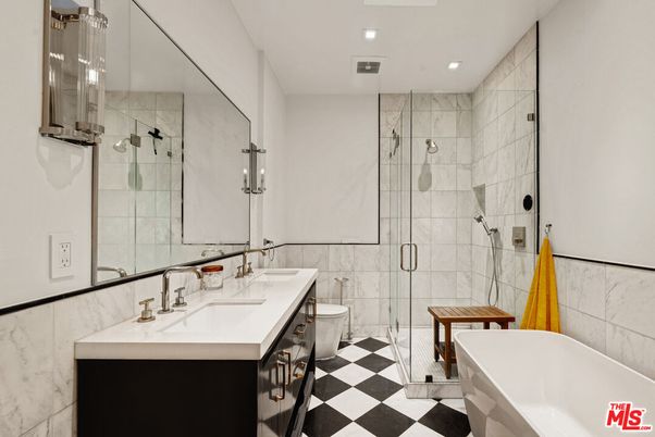 Bathroom, Dual Sink Vanities, Glass Shower, Interior, Marble Walls, Recessed Lighting