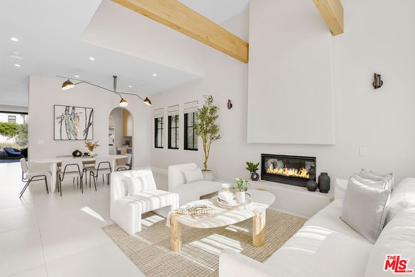 Dining room, Fireplace, Interior, Living room, Pendant Lights, Recessed Lighting, Wooden Beams