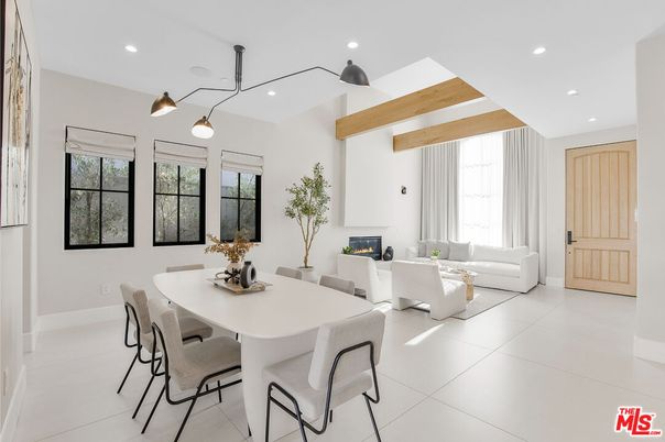 Dining room, Fireplace, Interior, Living room, Pendant Lights, Recessed Lighting, Wooden Beams