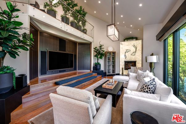 Fireplace, Interior, Living room, Pendant Lights, Recessed Lighting, Wood Texture Flooring