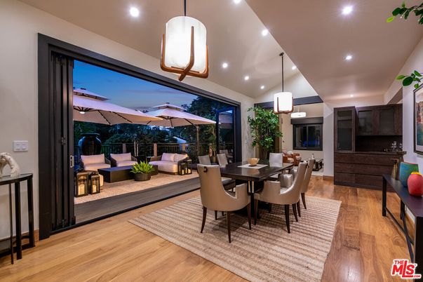 Dining room, Interior, Pendant Lights, Recessed Lighting, Wood Texture Flooring