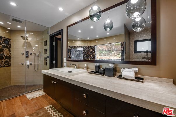 Bathroom, Glass Shower, Interior, Pendant Lights, Recessed Lighting, Wood Texture Flooring