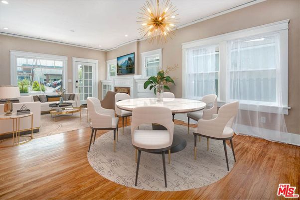 Dining room, Fireplace, Interior, Living room, Pendant Lights, Recessed Lighting, Wood Texture Flooring