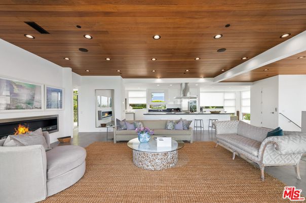 Fireplace, Interior, Kitchen, Living room, Recessed Lighting, Wooden Ceilings