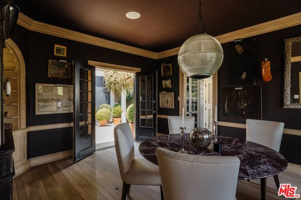 Dining room, Interior, Pendant Lights, Recessed Lighting, Wood Texture Flooring