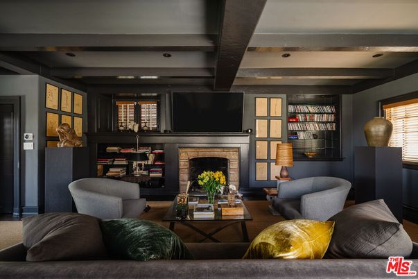 Fireplace, Interior, Living room, Recessed Lighting, Wooden Beams, Wood Texture Flooring