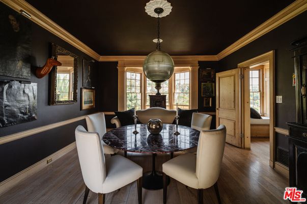 Dining room, Interior, Pendant Lights, Wood Texture Flooring