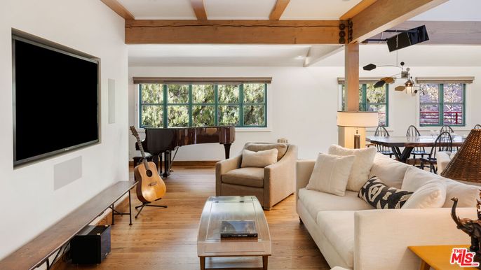 Dining room, Interior, Living room, Pendant Lights, Piano, Recessed Lighting, Wooden Beams, Wood Texture Flooring