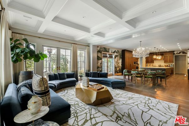 Chandelier, Dining room, Interior, Kitchen, Living room, Recessed Lighting, Stainless Steel Appliances, Wood Texture Flooring