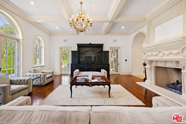 Chandelier, Fireplace, Interior, Living room, Recessed Lighting, Wood Texture Flooring