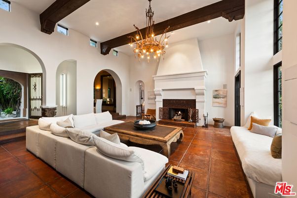 Chandelier, Fireplace, Interior, Living room, Pendant Lights, Recessed Lighting, Wooden Beams