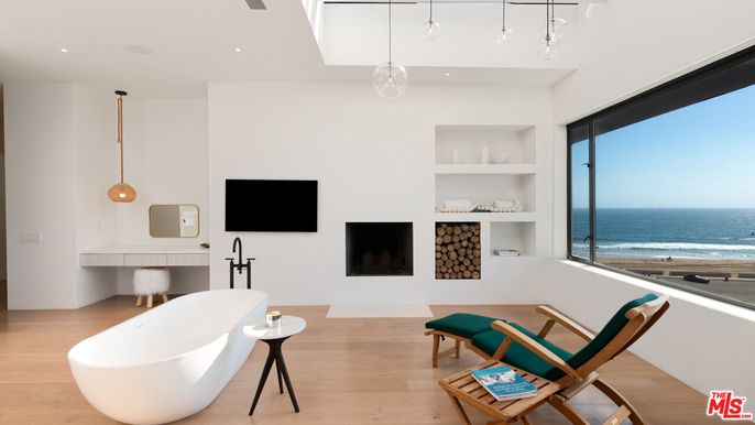 Fireplace, Interior, Pendant Lights, Recessed Lighting, Water, Wood Texture Flooring