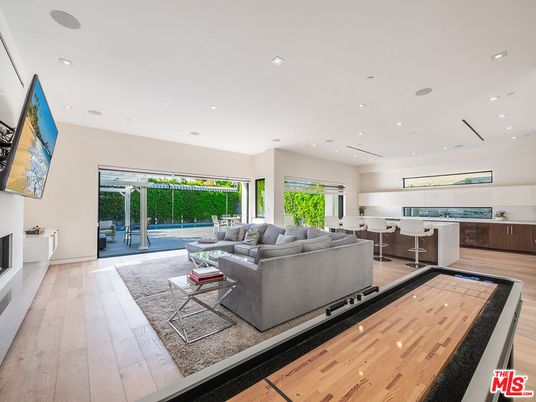 Fireplace, Interior, Kitchen, Living room, Recessed Lighting, Wood Texture Flooring