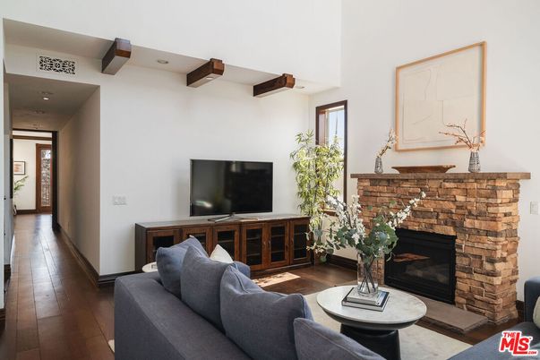 Fireplace, Interior, Living room, Recessed Lighting, Wooden Beams, Wood Texture Flooring