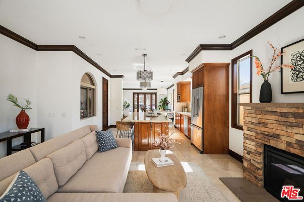 Dining room, Fireplace, Interior, Kitchen, Living room, Pendant Lights, Recessed Lighting, Stainless Steel Appliances