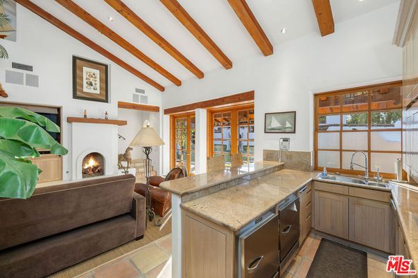 Fireplace, Interior, Kitchen, Living room, Recessed Lighting, Stainless Steel Appliances, Wooden Beams