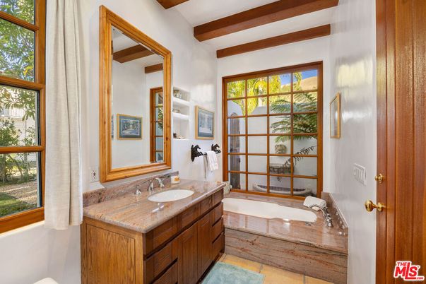 Bathroom, Interior, Recessed Lighting, Wooden Beams, Wood Texture Flooring