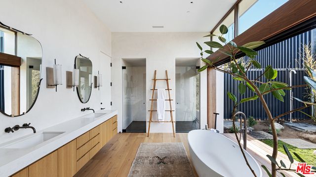 Bathroom, Dual Sink Vanities, Free Standing Baths, Interior, Recessed Lighting, Wood Texture Flooring