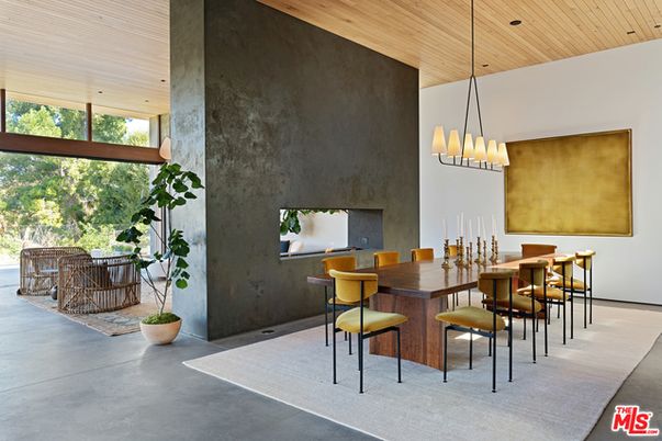 Dining room, Fireplace, Interior, Pendant Lights, Recessed Lighting, Wooden Ceilings
