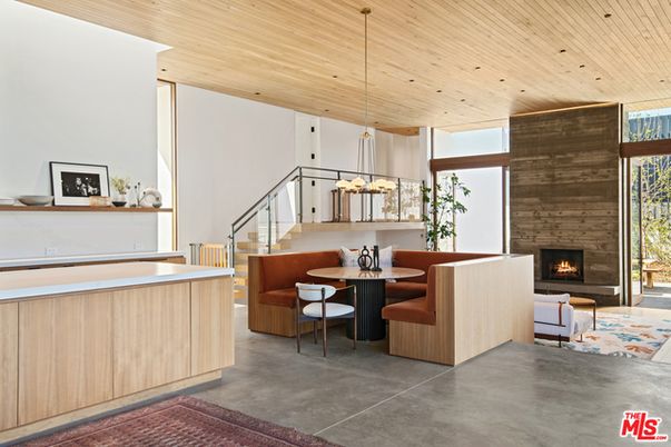 Dining room, Fireplace, Interior, Living room, Pendant Lights, Recessed Lighting, Stone Walls, Wooden Ceilings